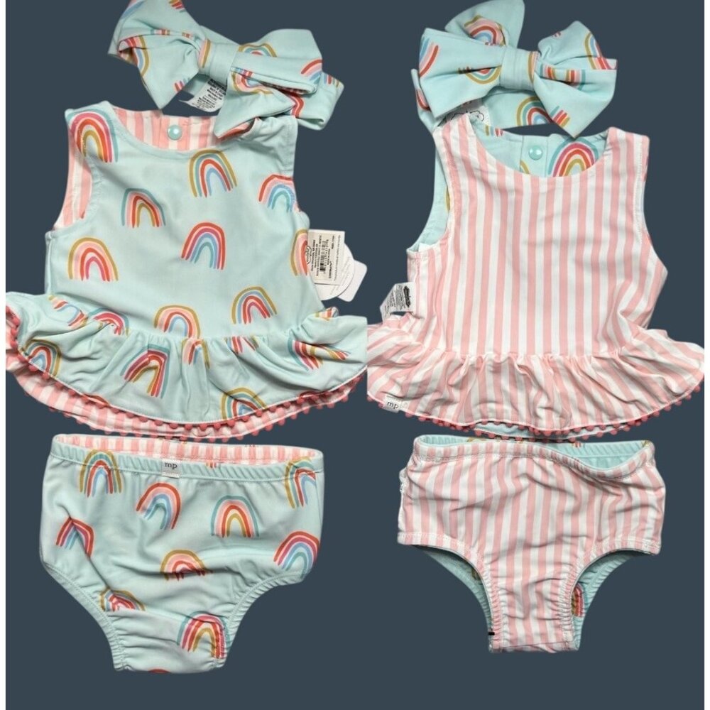 Mud Pie 6m 9m 12m 18m 4T reversible rainbow stripe swim suit set 2pc bow NWT